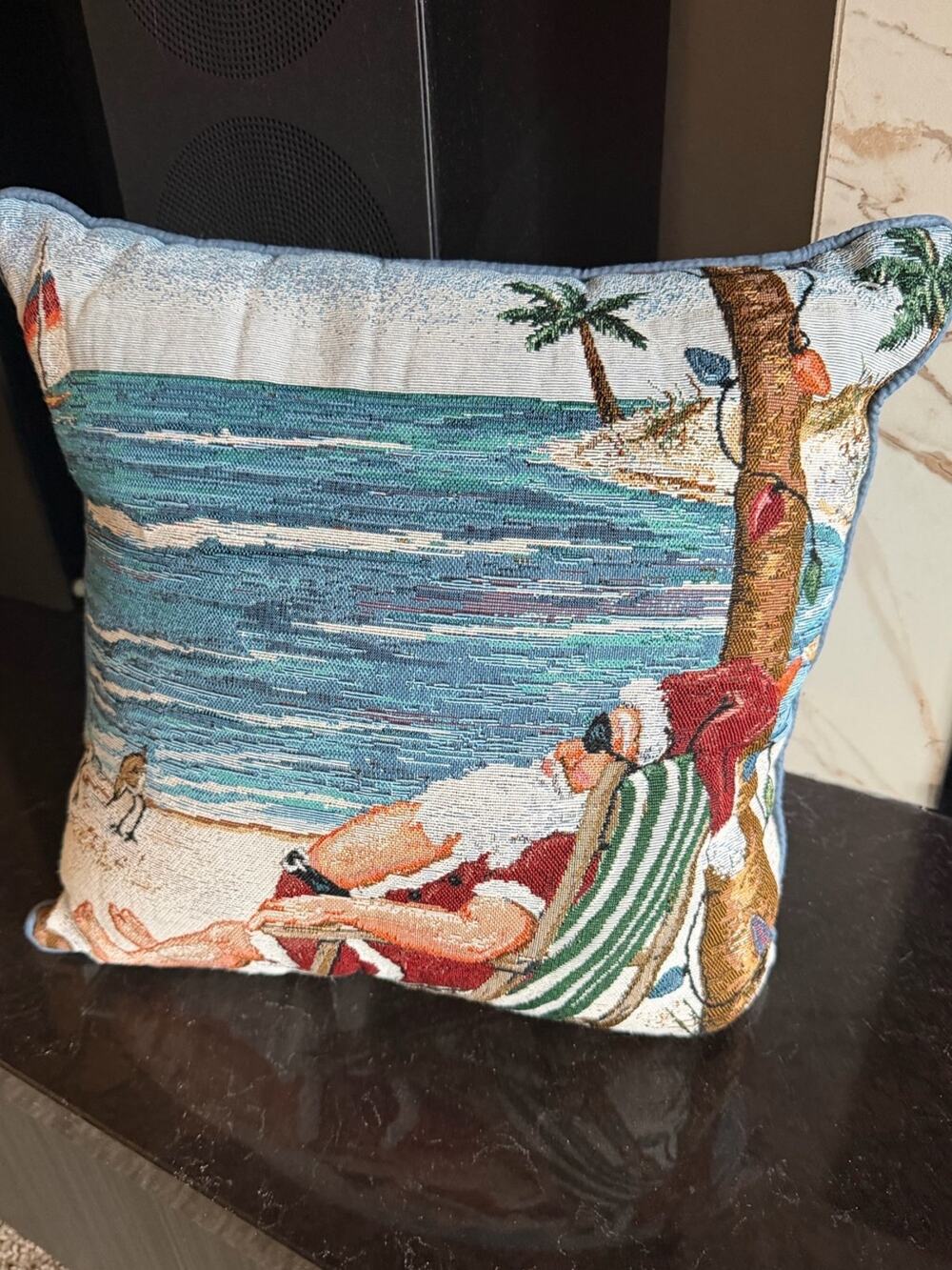 Santa on the beach tapestry pillow